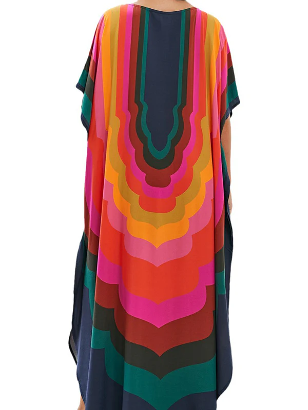 Batwing Sleeves Loose Contrast Color Printed Sun Protection Round-Neck Maxi Dresses - Image 11