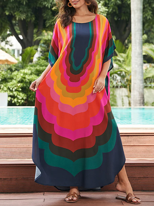 Batwing Sleeves Loose Contrast Color Printed Sun Protection Round-Neck Maxi Dresses - Image 2