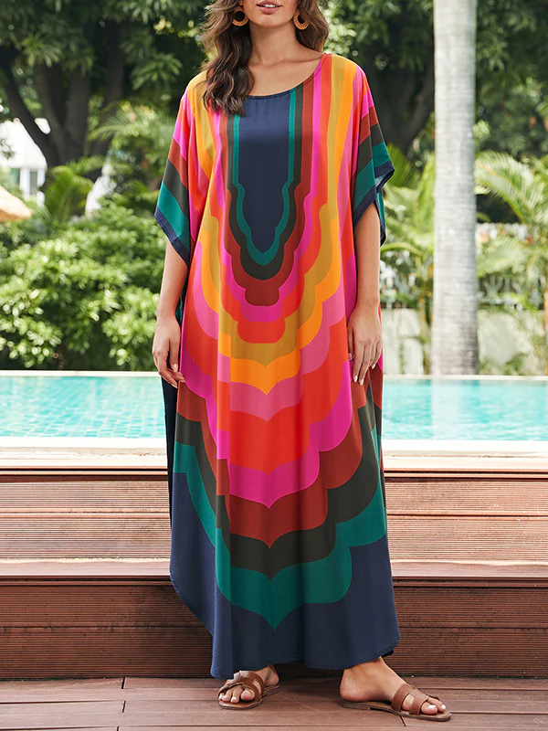 Batwing Sleeves Loose Contrast Color Printed Sun Protection Round-Neck Maxi Dresses - Image 4