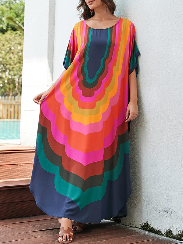 Batwing Sleeves Loose Contrast Color Printed Sun Protection Round-Neck Maxi Dresses - Image 5