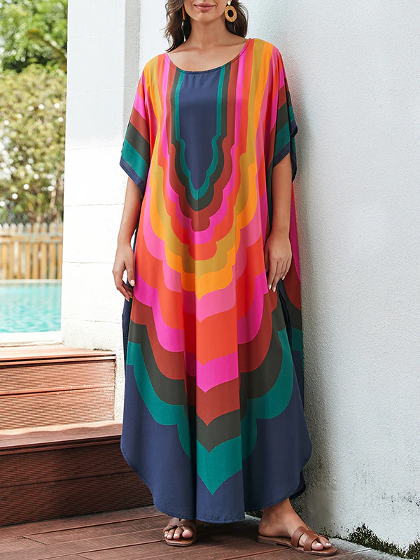 Batwing Sleeves Loose Contrast Color Printed Sun Protection Round-Neck Maxi Dresses - Image 6