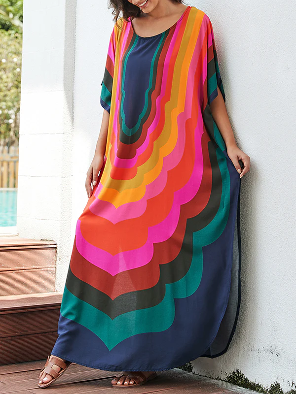 Batwing Sleeves Loose Contrast Color Printed Sun Protection Round-Neck Maxi Dresses - Image 7