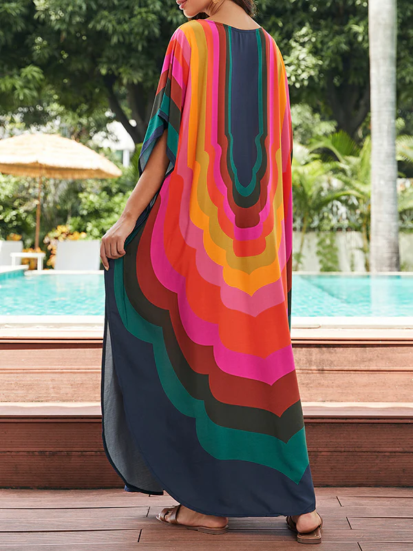 Batwing Sleeves Loose Contrast Color Printed Sun Protection Round-Neck Maxi Dresses - Image 8