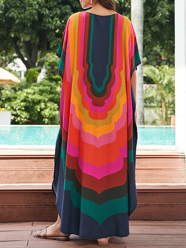 Batwing Sleeves Loose Contrast Color Printed Sun Protection Round-Neck Maxi Dresses - Image 9