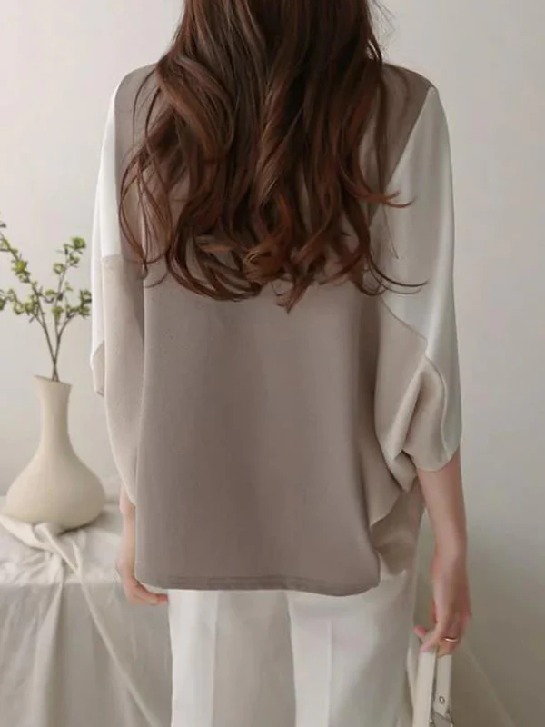 Batwing Sleeves Loose Contrast Color Split-Joint Round-Neck T-Shirts Tops - Image 10