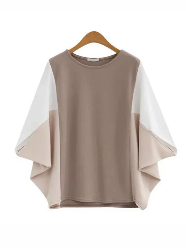 Batwing Sleeves Loose Contrast Color Split-Joint Round-Neck T-Shirts Tops - Image 11