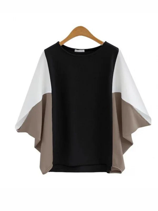 Batwing Sleeves Loose Contrast Color Split-Joint Round-Neck T-Shirts Tops - Image 12