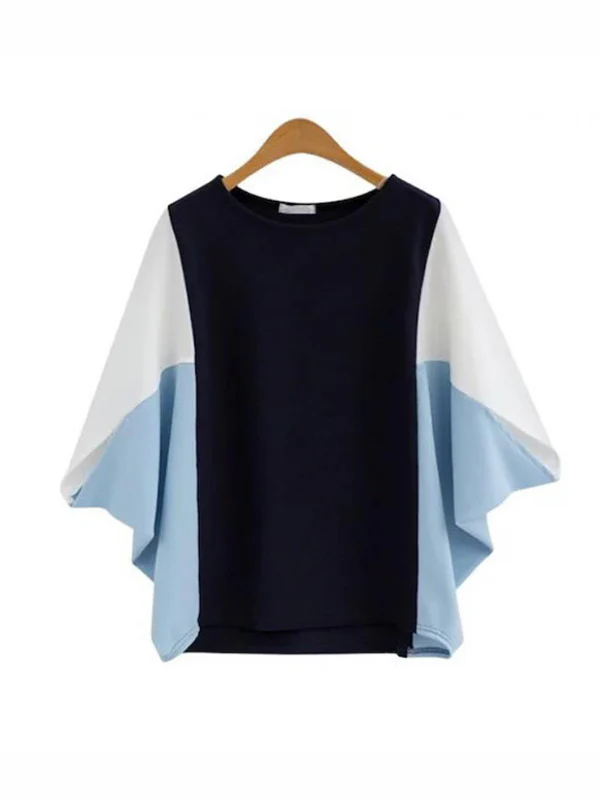 Batwing Sleeves Loose Contrast Color Split-Joint Round-Neck T-Shirts Tops - Image 13