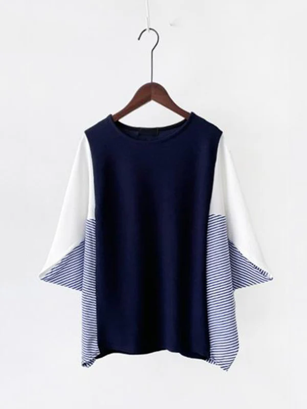 Batwing Sleeves Loose Contrast Color Split-Joint Round-Neck T-Shirts Tops - Image 14