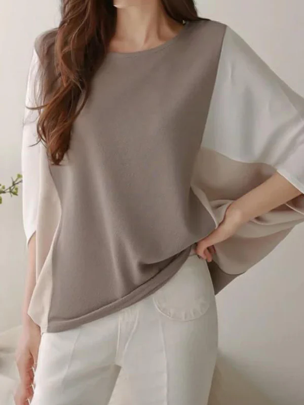 Batwing Sleeves Loose Contrast Color Split-Joint Round-Neck T-Shirts Tops - Image 2