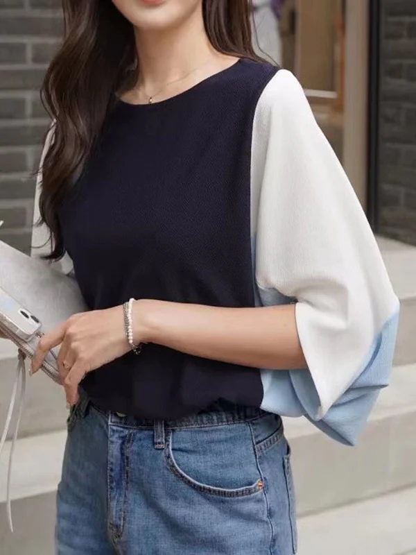 Batwing Sleeves Loose Contrast Color Split-Joint Round-Neck T-Shirts Tops - Image 3