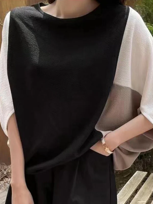 Batwing Sleeves Loose Contrast Color Split-Joint Round-Neck T-Shirts Tops - Image 4