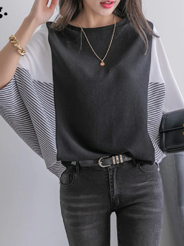 Batwing Sleeves Loose Contrast Color Split-Joint Round-Neck T-Shirts Tops - Image 5