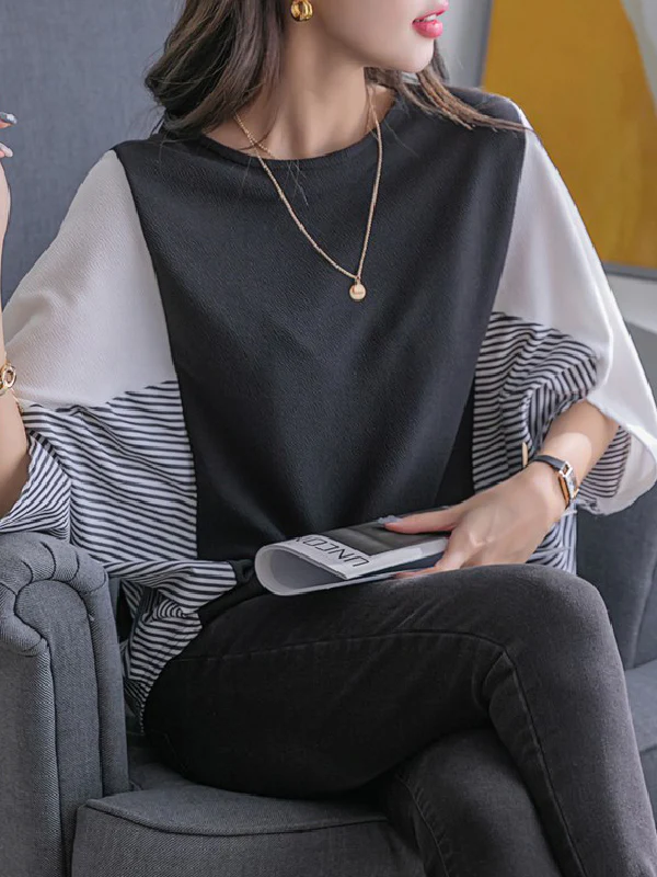 Batwing Sleeves Loose Contrast Color Split-Joint Round-Neck T-Shirts Tops - Image 6