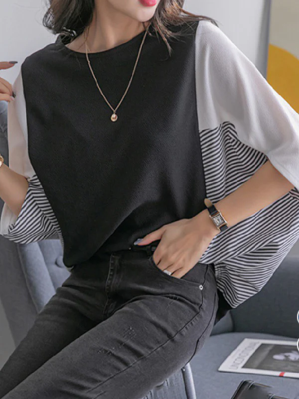 Batwing Sleeves Loose Contrast Color Split-Joint Round-Neck T-Shirts Tops - Image 7