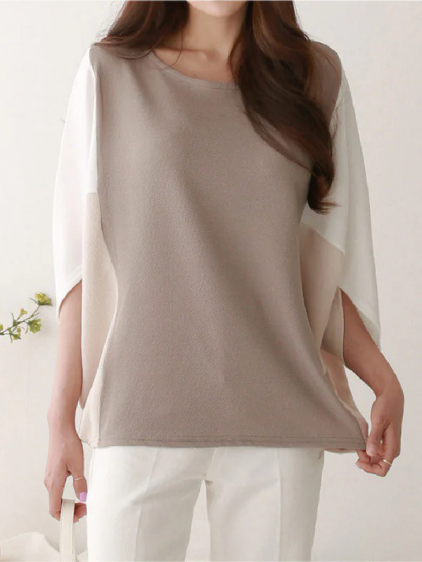 Batwing Sleeves Loose Contrast Color Split-Joint Round-Neck T-Shirts Tops - Image 8