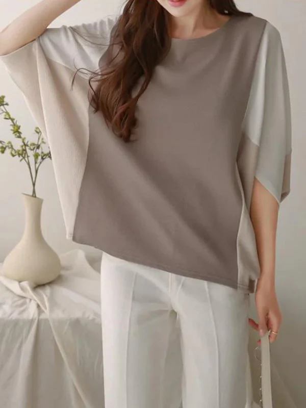 Batwing Sleeves Loose Contrast Color Split-Joint Round-Neck T-Shirts Tops - Image 9