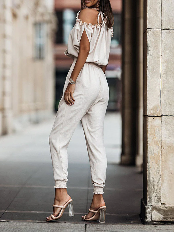 Batwing Sleeves Loose Elasticity Hollow Pleated Pockets Solid Color Tied V-Neck Jumpsuits - Image 6