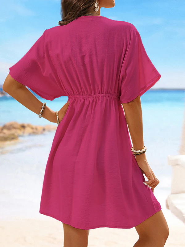 Batwing Sleeves Loose Elasticity See-Through Split-Joint V-Neck Mini Dresses - Image 10