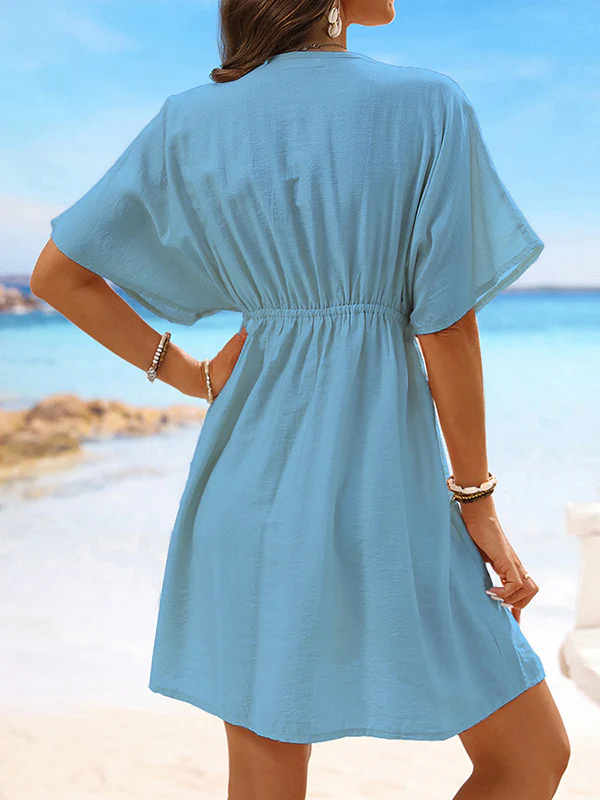 Batwing Sleeves Loose Elasticity See-Through Split-Joint V-Neck Mini Dresses - Image 11