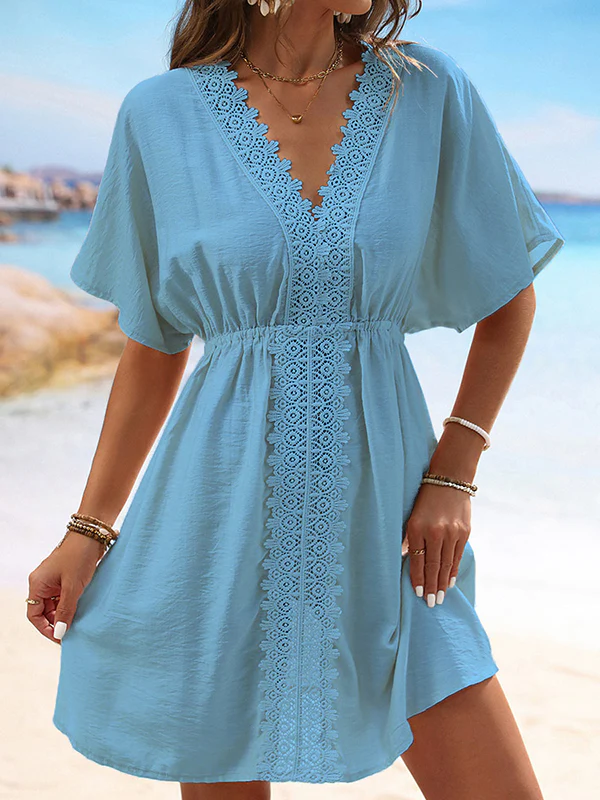 Batwing Sleeves Loose Elasticity See-Through Split-Joint V-Neck Mini Dresses - Image 12
