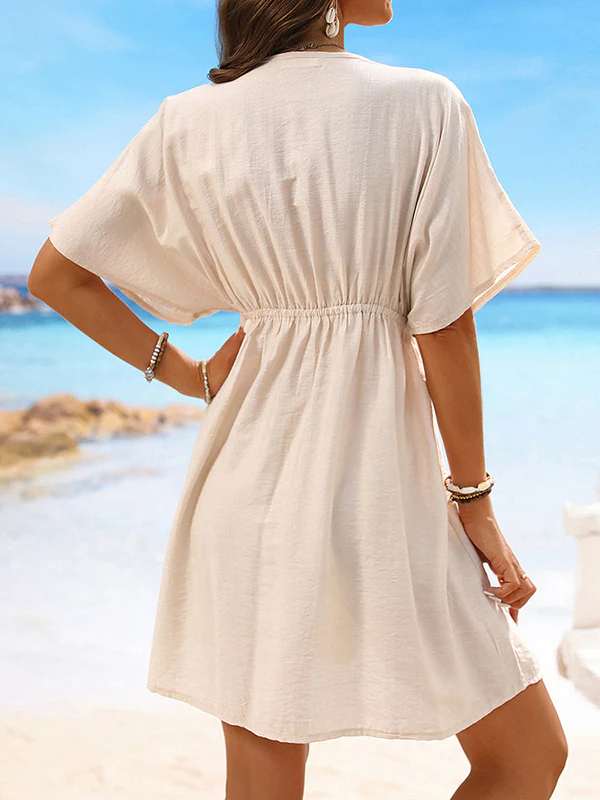 Batwing Sleeves Loose Elasticity See-Through Split-Joint V-Neck Mini Dresses - Image 6