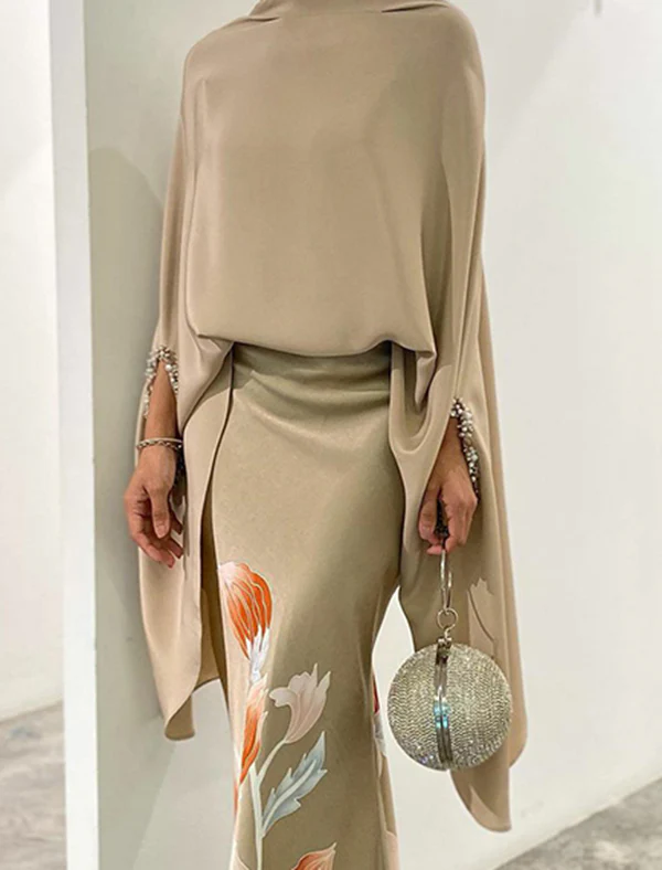 Batwing Sleeves Loose Floral Printed Split-Joint High Neck Skirt Set Two Pieces Set - Image 4