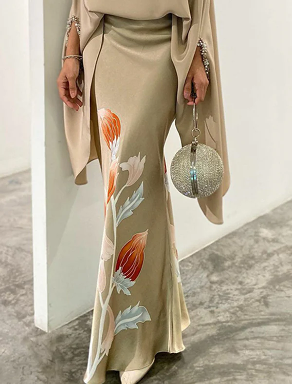 Batwing Sleeves Loose Floral Printed Split-Joint High Neck Skirt Set Two Pieces Set - Image 5