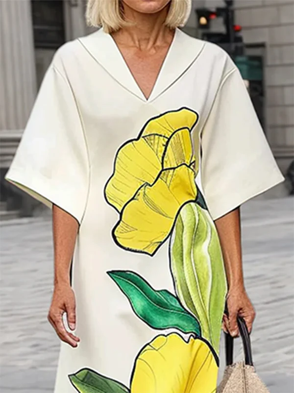 Batwing Sleeves Loose Floral Printed Split-Joint V-Neck Maxi Dresses - Image 2