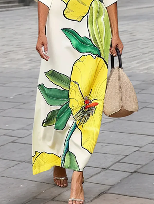 Batwing Sleeves Loose Floral Printed Split-Joint V-Neck Maxi Dresses - Image 3