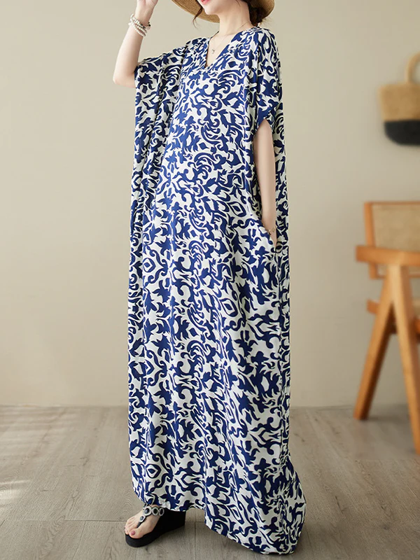 Batwing Sleeves Loose Floral Printed V-Neck Maxi Dresses - Image 2
