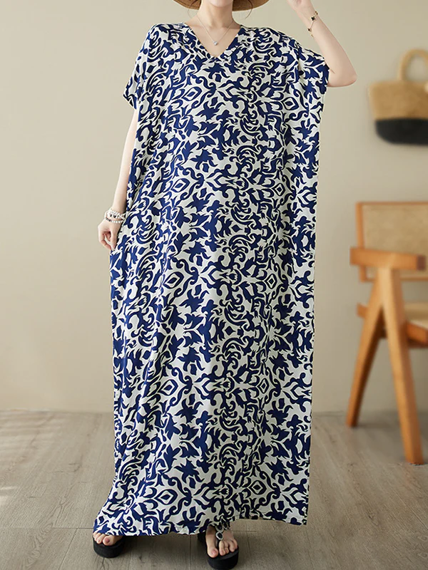 Batwing Sleeves Loose Floral Printed V-Neck Maxi Dresses - Image 3