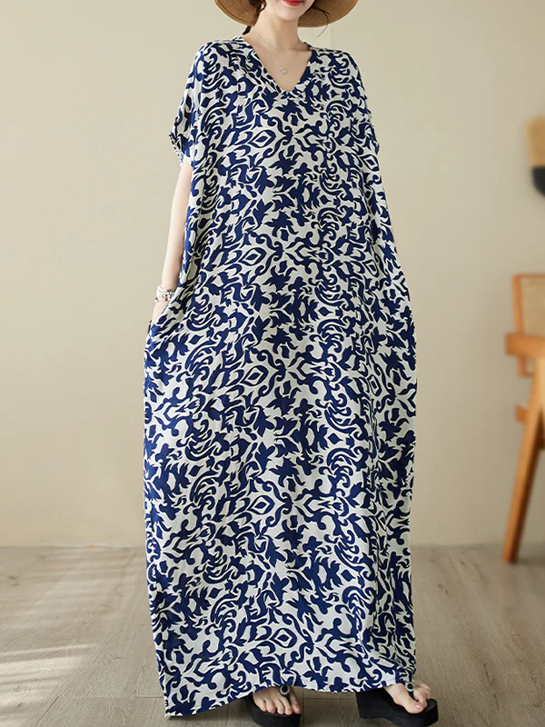 Batwing Sleeves Loose Floral Printed V-Neck Maxi Dresses - Image 4