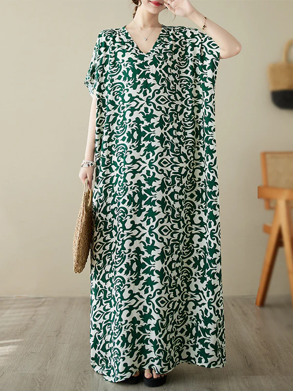 Batwing Sleeves Loose Floral Printed V-Neck Maxi Dresses - Image 5