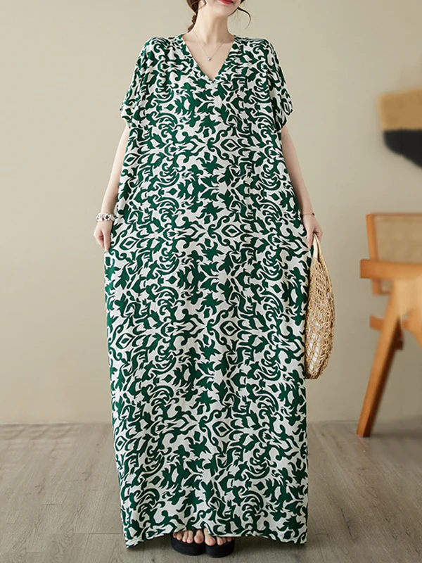Batwing Sleeves Loose Floral Printed V-Neck Maxi Dresses - Image 6