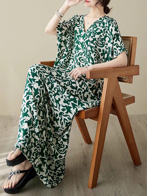 Batwing Sleeves Loose Floral Printed V-Neck Maxi Dresses - Image 7