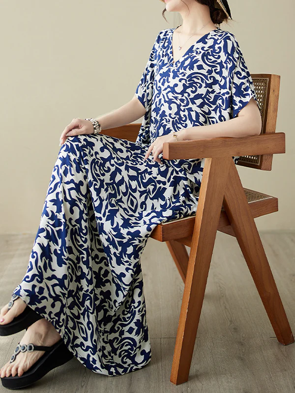 Batwing Sleeves Loose Floral Printed V-Neck Maxi Dresses - Image 8