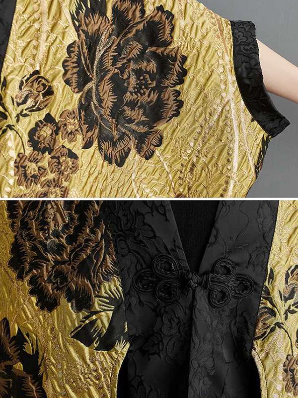 Batwing Sleeves Loose Flower-Embellished Chinese Frog Buttons Pleated Split-Joint V-Neck Outerwear - Image 10