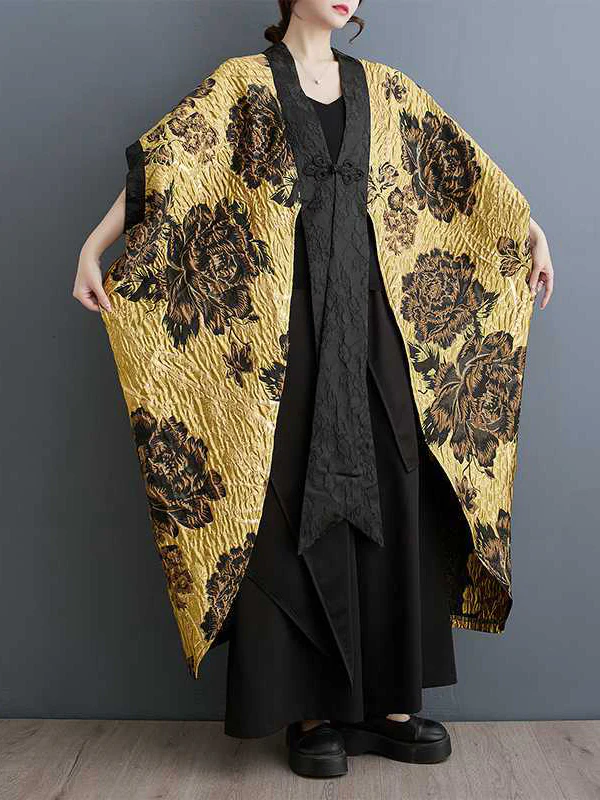 Batwing Sleeves Loose Flower-Embellished Chinese Frog Buttons Pleated Split-Joint V-Neck Outerwear - Image 2
