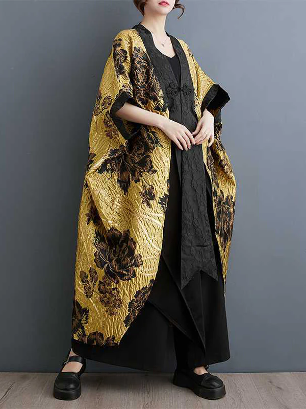 Batwing Sleeves Loose Flower-Embellished Chinese Frog Buttons Pleated Split-Joint V-Neck Outerwear - Image 3
