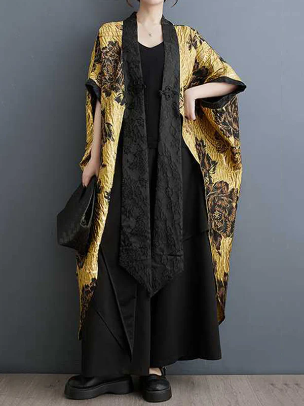 Batwing Sleeves Loose Flower-Embellished Chinese Frog Buttons Pleated Split-Joint V-Neck Outerwear - Image 4