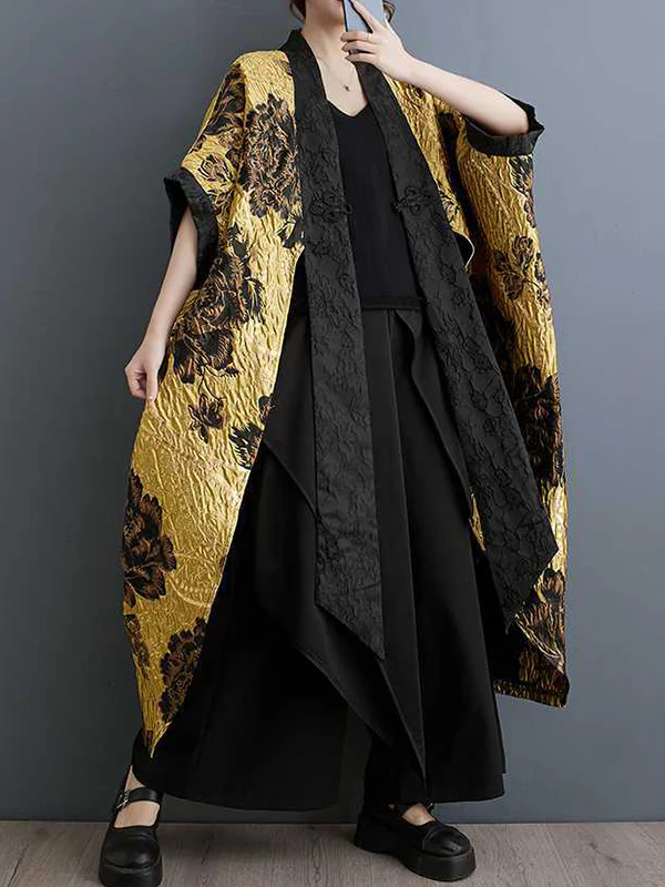 Batwing Sleeves Loose Flower-Embellished Chinese Frog Buttons Pleated Split-Joint V-Neck Outerwear - Image 5