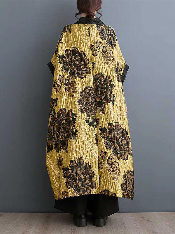 Batwing Sleeves Loose Flower-Embellished Chinese Frog Buttons Pleated Split-Joint V-Neck Outerwear - Image 6