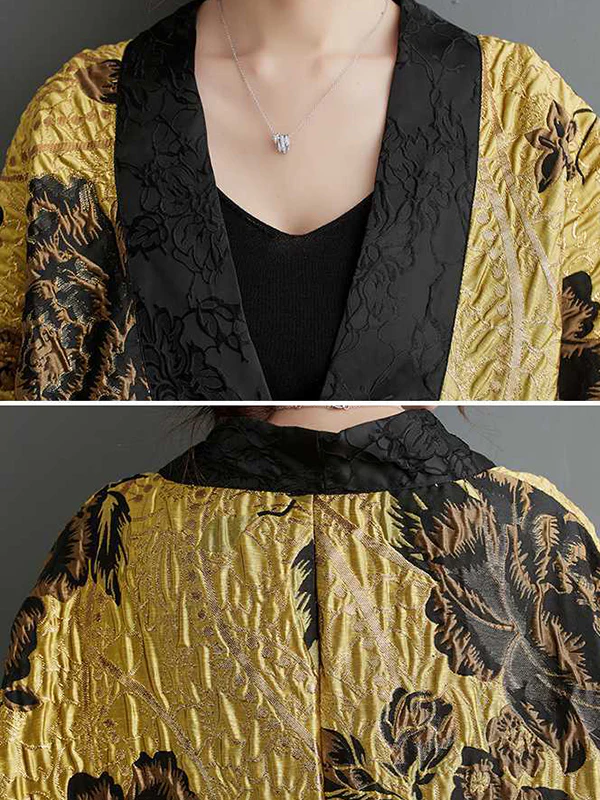 Batwing Sleeves Loose Flower-Embellished Chinese Frog Buttons Pleated Split-Joint V-Neck Outerwear - Image 8