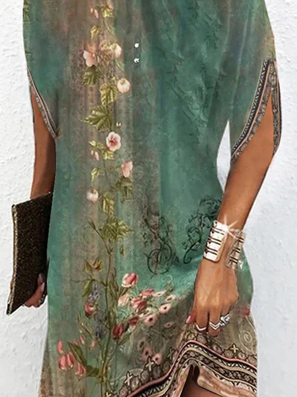 Batwing Sleeves Loose Flower Print Round-Neck Mini Dresses - Image 2