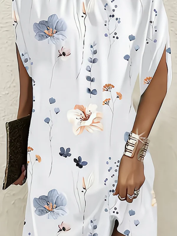 Batwing Sleeves Loose Flower Print Round-Neck Mini Dresses - Image 2