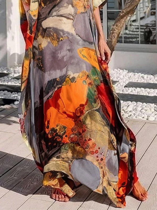 Batwing Sleeves Loose Gauze Printed Split-Joint V-Neck Maxi Dresses - Image 3