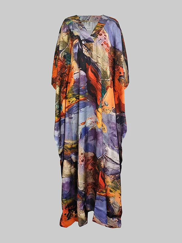 Batwing Sleeves Loose Gauze Printed Split-Joint V-Neck Maxi Dresses - Image 4