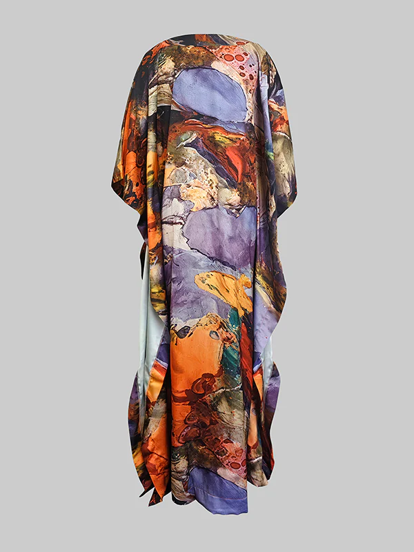 Batwing Sleeves Loose Gauze Printed Split-Joint V-Neck Maxi Dresses - Image 5