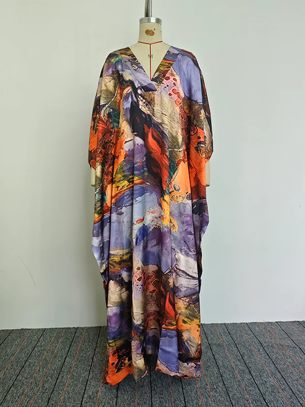Batwing Sleeves Loose Gauze Printed Split-Joint V-Neck Maxi Dresses - Image 6